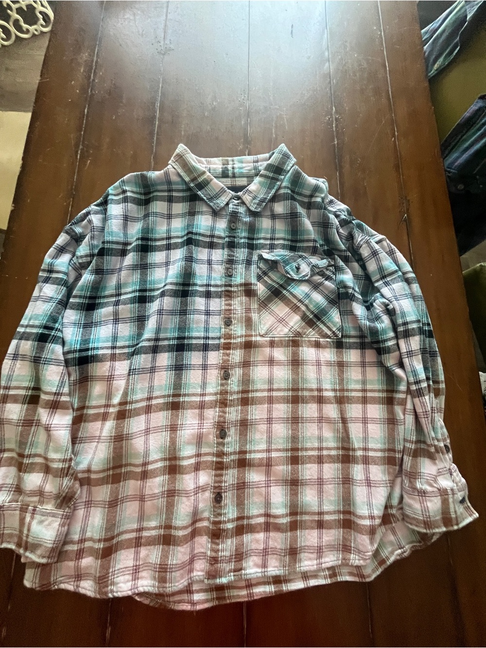 Women's Plaid Button-Down Shirt in Green, Brown & White - Custom Bleaching